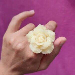 Cream Large Rose Flower Adjustable Statement Ring